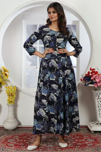 Dark navy bluepremium chanderi & riyon export quality long kurti set with heavy najmin dupatta