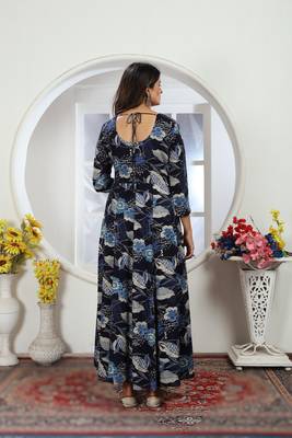 dark navy blue chanderi & riyon export quality long kurti set with heavy najmin dupatta 2