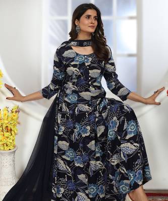 dark navy blue chanderi & riyon export quality long kurti set with heavy najmin dupatta 3