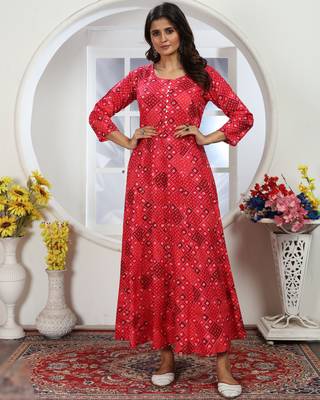 rani pink chanderi & riyon export quality long kurti set with heavy najmin dupatta 1