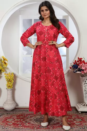 Rani pink premium chanderi & riyon export quality long kurti set with heavy najmin dupatta