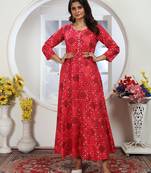 Rani pink premium chanderi & riyon export quality long kurti set with heavy najmin dupatta