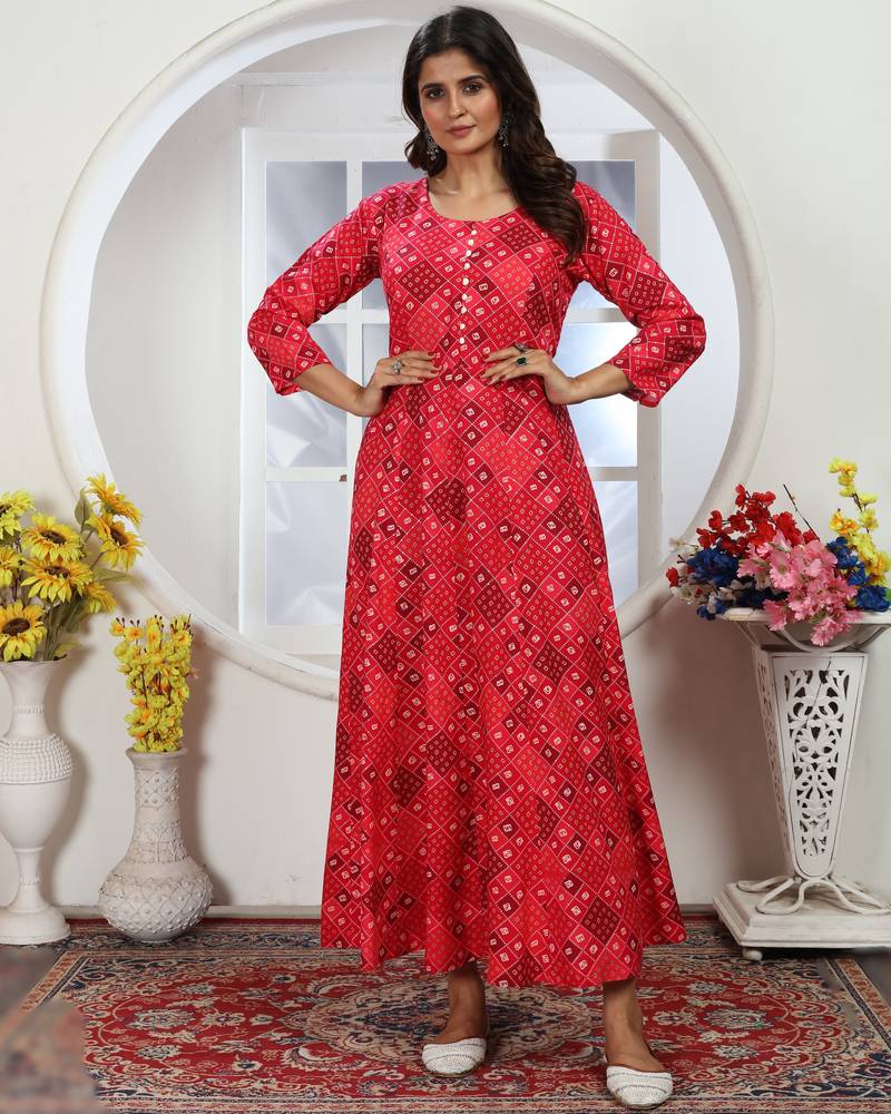 Rani pink premium chanderi & riyon export quality long kurti set with heavy najmin dupatta