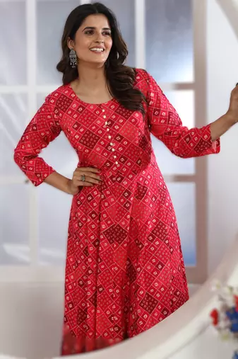 rani pink chanderi & riyon export quality long kurti set with heavy najmin dupatta