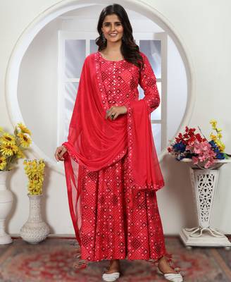rani pink chanderi & riyon export quality long kurti set with heavy najmin dupatta 3