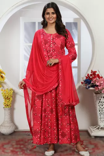 rani pink chanderi & riyon export quality long kurti set with heavy najmin dupatta