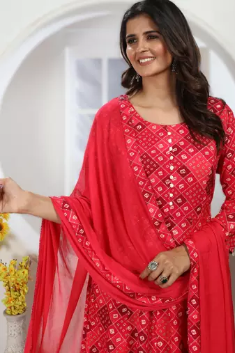 rani pink chanderi & riyon export quality long kurti set with heavy najmin dupatta