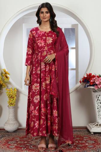 Dark rani pink premium chanderi & riyon export quality long kurti set with heavy najmin dupatta