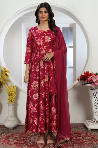 Dark rani pink premium chanderi & riyon export quality long kurti set with heavy najmin dupatta