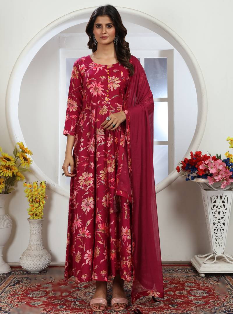 Dark rani pink premium chanderi & riyon export quality long kurti set with heavy najmin dupatta