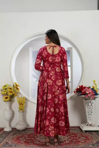 dark rani pink chanderi & riyon export quality long kurti set with heavy najmin dupatta