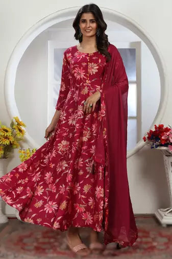 dark rani pink chanderi & riyon export quality long kurti set with heavy najmin dupatta