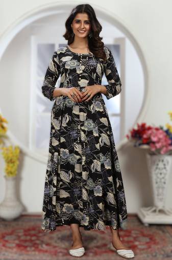 Black premium chanderi & riyon export quality long kurti set with heavy najmin dupatta