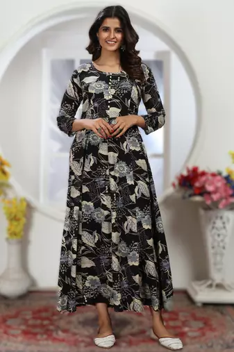 Black premium chanderi & riyon export quality long kurti set with heavy najmin dupatta