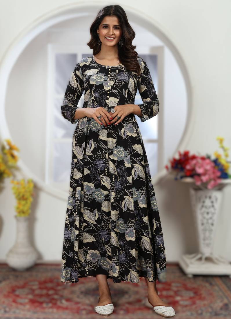 Black premium chanderi & riyon export quality long kurti set with heavy najmin dupatta
