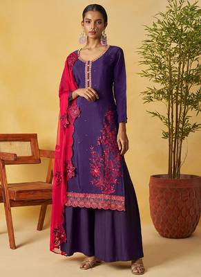 Violet organza embroidered and handwork palazzo suit 1