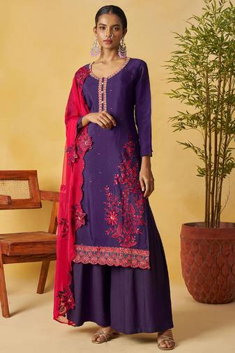 Violet organza embroidered and handwork plazzo suit