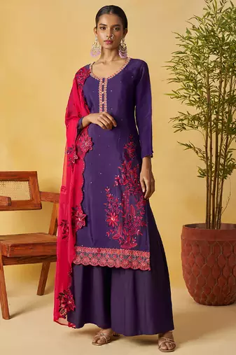 Violet organza embroidered and handwork plazzo suit
