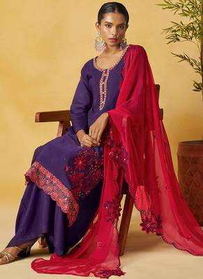 Violet organza embroidered and handwork palazzo suit 2