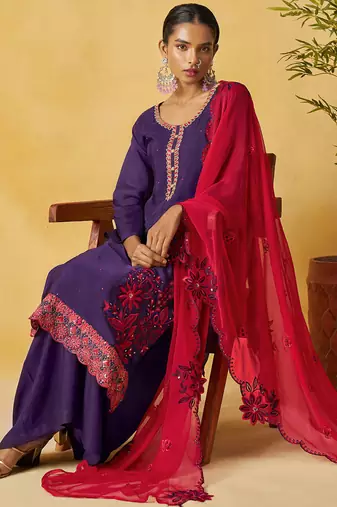 Violet organza embroidered and handwork palazzo suit