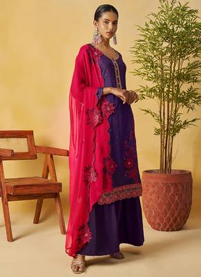 Violet organza embroidered and handwork palazzo suit 3
