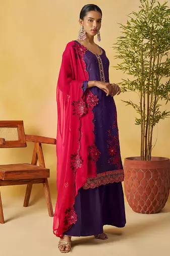 Violet organza embroidered and handwork palazzo suit