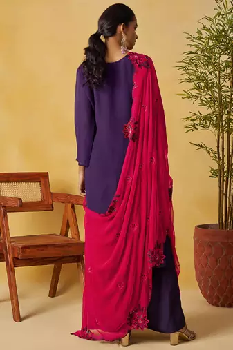 Violet organza embroidered and handwork palazzo suit