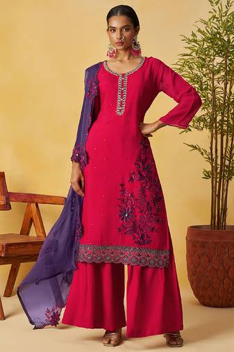 Red organza embroidered and handwork palazzo suit