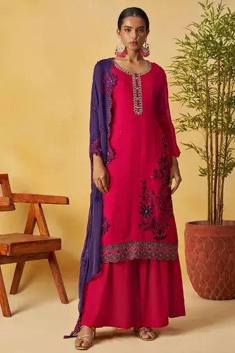 Red organza embroidered and handwork palazzo suit