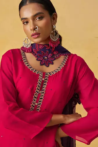 Red organza embroidered and handwork palazzo suit
