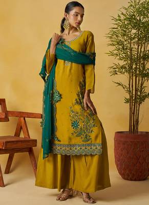 Mustard organza embroidered and handwork palazzo suit 1
