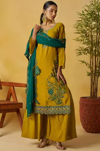 Mustard organza embroidered and handwork palazzo suit