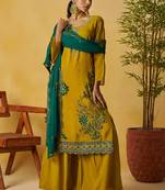 Mustard organza embroidered and handwork palazzo suit
