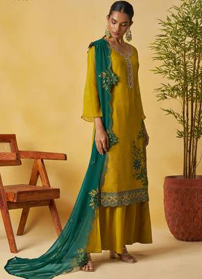 Mustard organza embroidered and handwork palazzo suit 2