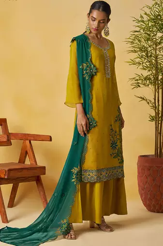 Mustard organza embroidered and handwork palazzo suit