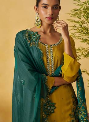 Mustard organza embroidered and handwork palazzo suit 3