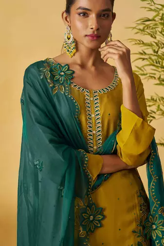 Mustard organza embroidered and handwork palazzo suit