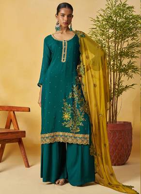 Aqua green organza embroidered and handwork palazzo suit 1