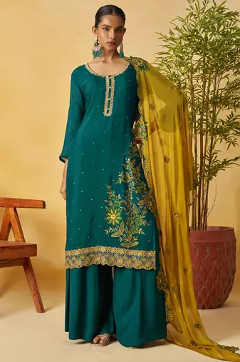 Aqua green organza embroidered and handwork palazzo suit