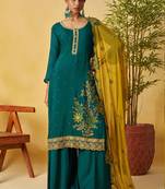Aqua green organza embroidered and handwork palazzo suit