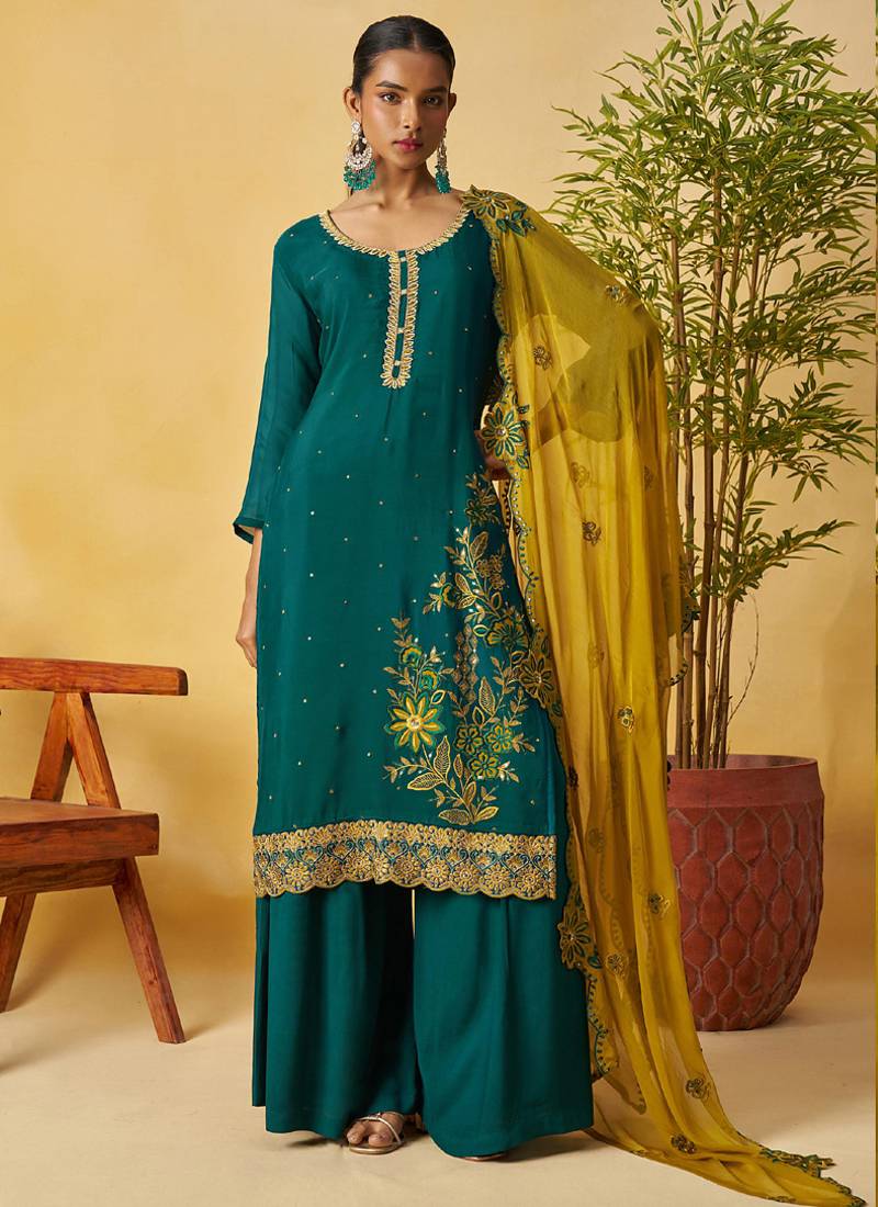 Aqua green organza embroidered and handwork palazzo suit