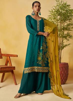 Aqua green organza embroidered and handwork palazzo suit 2