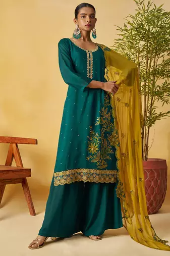 Aqua green organza embroidered and handwork palazzo suit