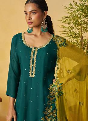 Aqua green organza embroidered and handwork palazzo suit 3