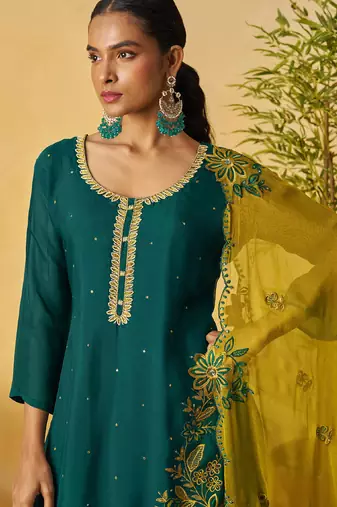Aqua green organza embroidered and handwork palazzo suit