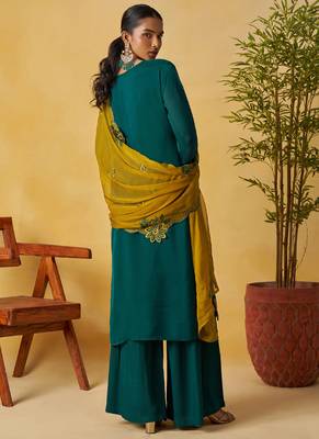 Aqua green organza embroidered and handwork palazzo suit 4