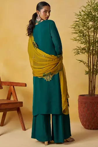Aqua green organza embroidered and handwork palazzo suit