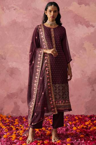 Wine georgette embroidered salwar suit