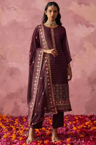 Wine georgette embroidered salwar suit