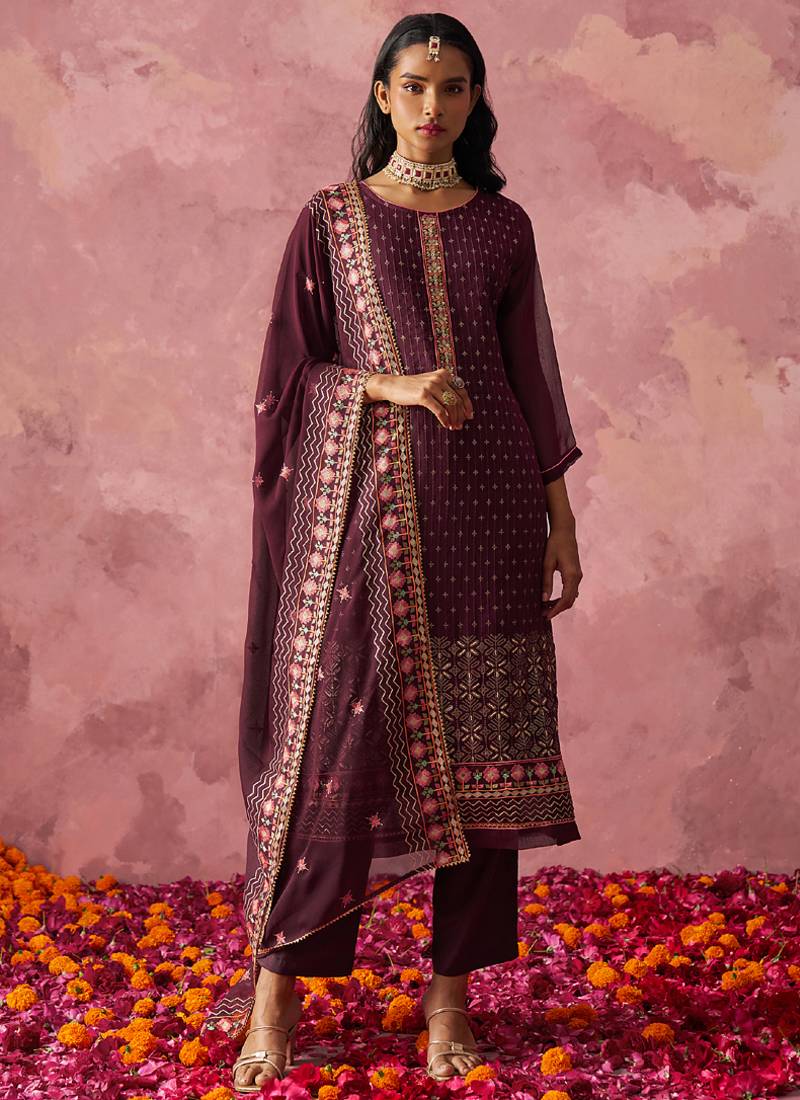 Wine georgette embroidered salwar suit